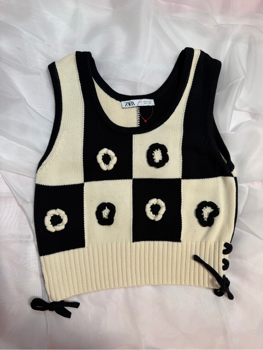 ZARA Black & Cream Checker Knit Crop Tank with Floral Accents